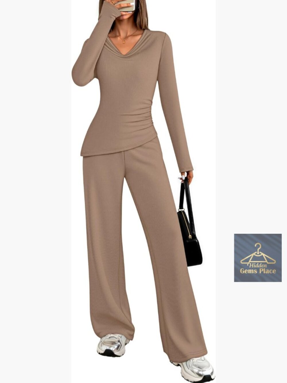 Long Sleeve V-Neck Top Wide Leg Pants 2-Piece Lounge Set Medium